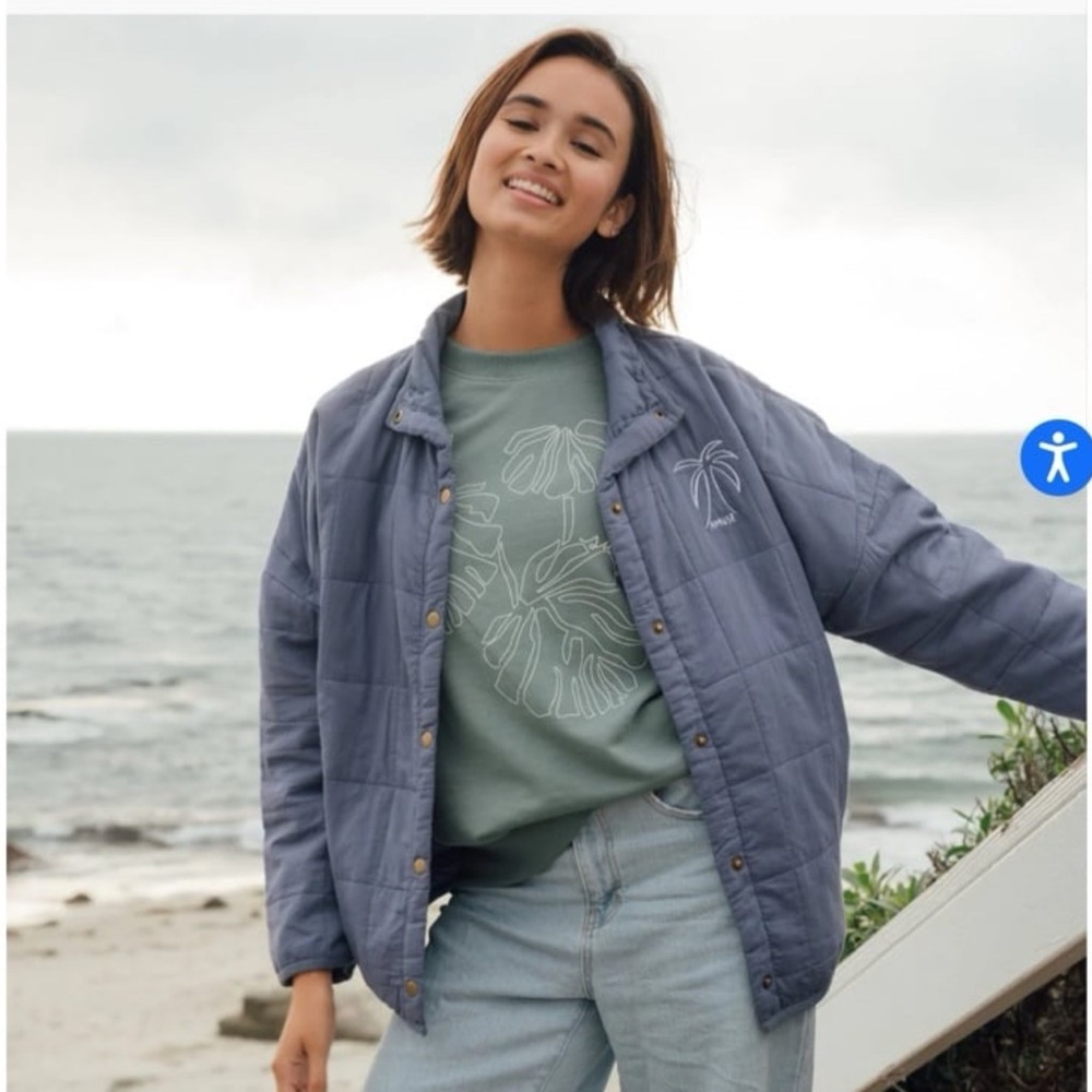 Amuse Society Blue Quilted Lightweight Snap-Front Jacket Embroidered Palm L/XL